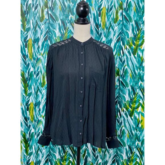 NWT Free People Black The Best Button Front Lace Long Sleeve Blouse Rayon XS - Picture 1 of 10